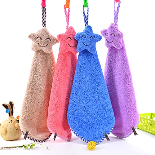 CLUZE Super Soft Star Hanging Hand Towel for Kitchen and Bathroom | Ultra Absorbent Thick Coral Velvet Hand Towels with Hanging Loop Fast Drying Microfiber 38”x25 (Pack of 4)