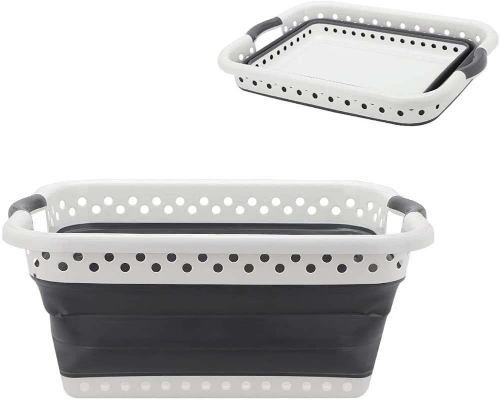 Pop & Load Collapsible Laundry Basket Set Of 2 | Large 25” Slim Foldable Baskets, Saves Space, Grey/White
