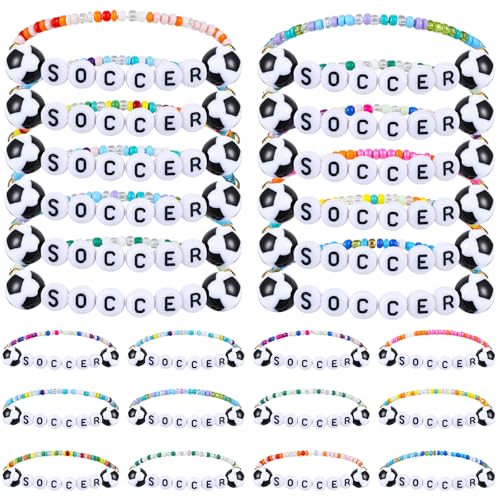 Ecation 96 Pcs Soccer Bracelets Team Gift Soccer Party Favors Sports Bracelets Bulk Clay Beaded Bracelets Stretch Adjustable Colorful Bracelets for Team Gifts Men Women Sports Party Favors