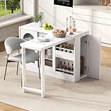 Sweiko Îlot Central Cuisine Extensible, Table de Bar pivotant à 360° Multifonction avec Rangement,Meuble de comptoir réversible, pour la Cuisine et la Salle à Manger (White, 121.5x40x76.7 cm)