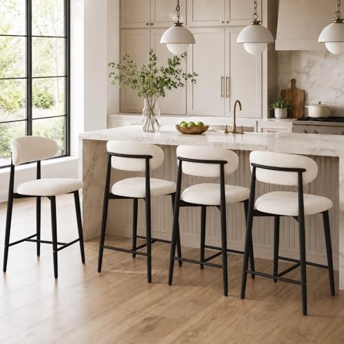 Butacos de Barra para Isla de Cocina, Set de 2 Unidades, Tapizados en Tela Beige con Patas de Metal Negro, Altura de Asiento 26.3 pulgadas, Espalda Curvada y Reposapiés, Capacidad Máxima 300 lb miniatura 5