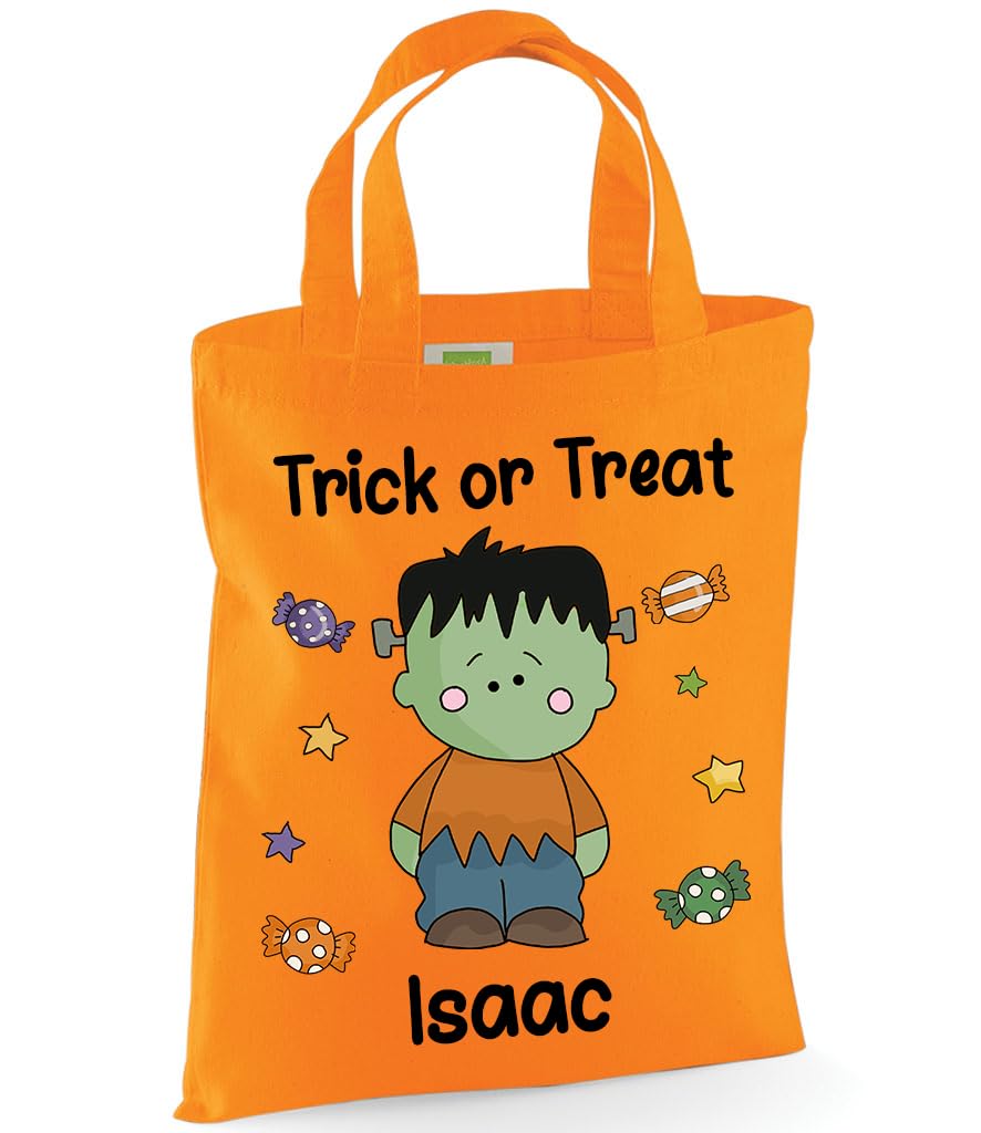 Personalised Trick or Treat Tote Bag with Custom Name - Kids Halloween Party Favour - A4 Size, 100% Cotton - Choose Colours & Characters (Orange, Frankenstein)