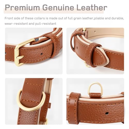 HEELE Hundehalsband aus weichem Leder, für kleine Hunde, atmungsaktiv, gepolstert, mit D-Ring, verstellbar, klassisches Hundehalsband, Braun, S
