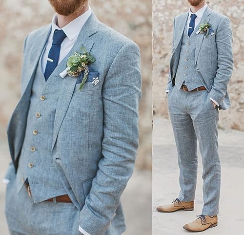 Men's Linen Slim Suit Wedding Casual Summer Beach Groomsmen 3 Piece Tuxedo Prom Suits for Men2