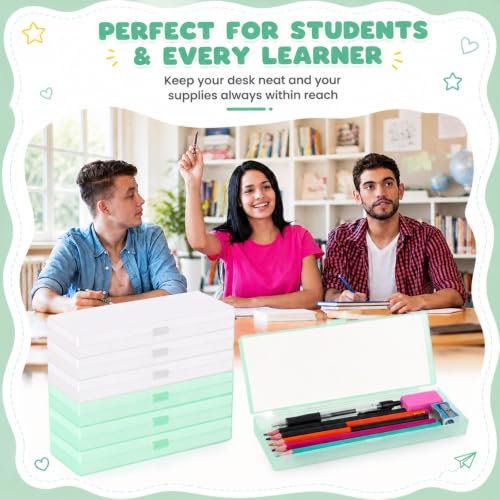 Image of Fainne 24 Plastic Pencil Case Bulk Hard Pencil Boxes with Snap Lid Crayon Maker Pen Organizer Stackable Craft Storage Boxes for School Supplies(Single Layer,White, Green,7.09 x 2.36 x 0.98 Inch)