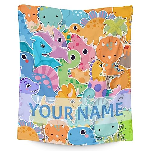 Personalized Dinosaur Blanket Gifts with Name - 50"x60" Cute Throw for Girls & Boys - Colorful Soft Fuzzy Blankets for Bed, Couch & Living Room
