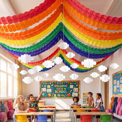 Wavyknot 12pcs Rainbow Party Decorations 4 Leaf Streamers Back to School | Paper Ceiling Garland Colorful Classroom Decor with 16pcs Felt Cloud Hanging Decor Clover Banner for Kid Birthday Baby Shower