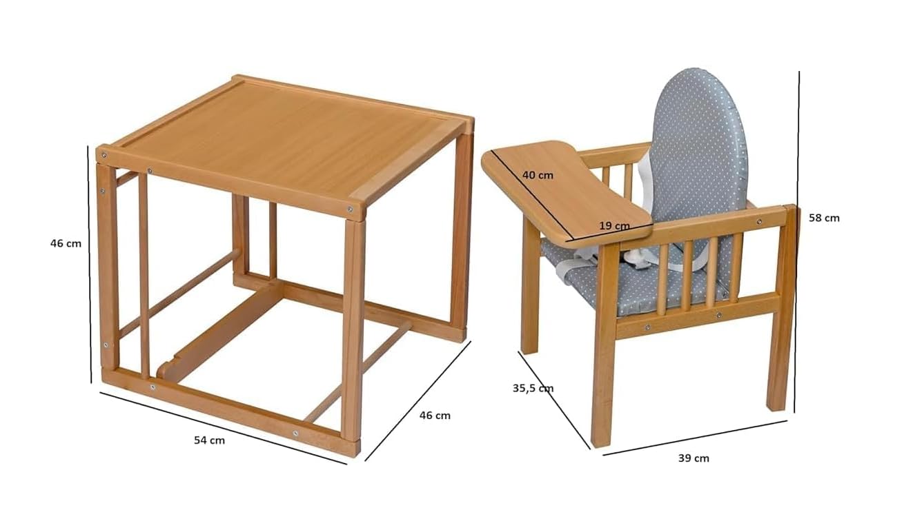 Chaise haute 2en1 BASIC – Chaise enfant avec fonction table | compacte & peu encombrante | bois de hêtre | 3 designs (Naturel Lion)