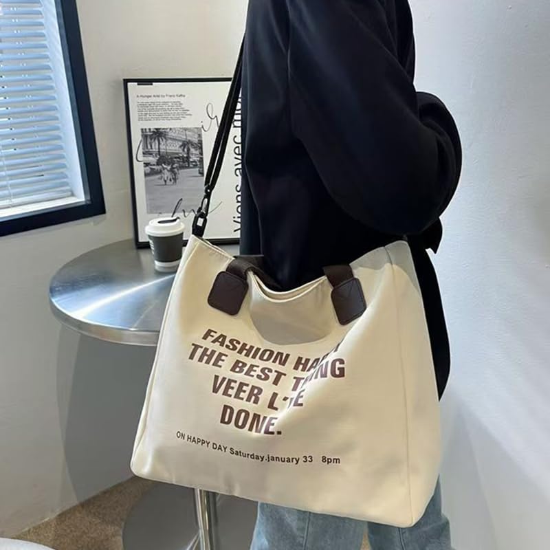 Trendy Letter Print Canvas Tote Bag for Women Stylish Shoulder and Crossbody Handbag2