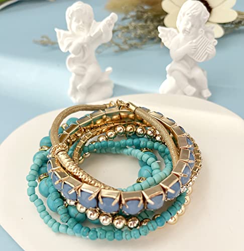 Wainis 6 Sets Bohemian Stackable Bead Bracelets For Women Multicolor Stretch Beaded Bracelets Layered Bead Adjustable Bracelet Pink Black Turquoise Stretch Bracelets A #TOP6