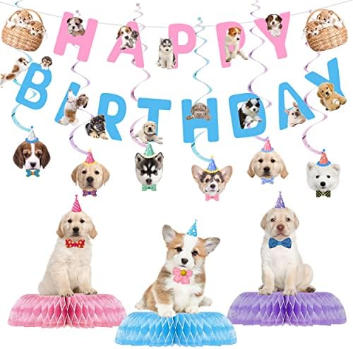 16 Pcs Dog Birthday Party Supplies, Dog Party Decorations, Puppy Birthday Party Decorations Includes 1 Dog Happy Birthday Banner, 6 Dog Hanging Cutouts, 6 Hanging Swirl Decorations and 3 Birthday Honeycomb Centerpieces for Dog Themed Birthday Party Supplies