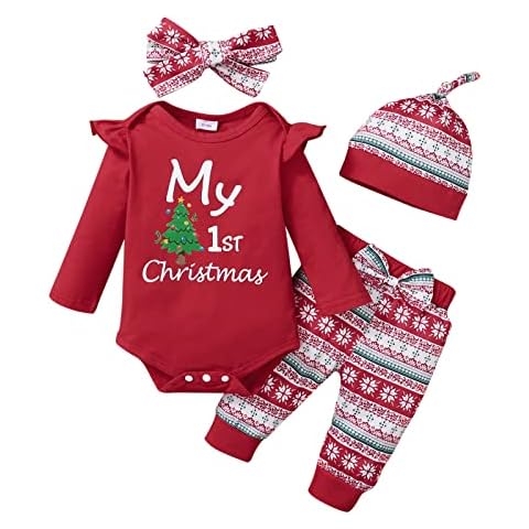 Newborn Infant Girls Christmas Long Sleeve Letter Prints Romper Bodysuits Bow Pants Headbands Hat Outfits 3 6 Month Matching Sets (Red, 3-6 Months) Cover