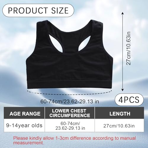 FUIPVGI 4 Stück Mädchen Sport BH Bustier Baumwolle, Ohne Bügel Bralette Bustier Mädchen, Trainings-BH für Mädchens 8-14 Jahre Cami Crop Top Sport BH (Schwarz)