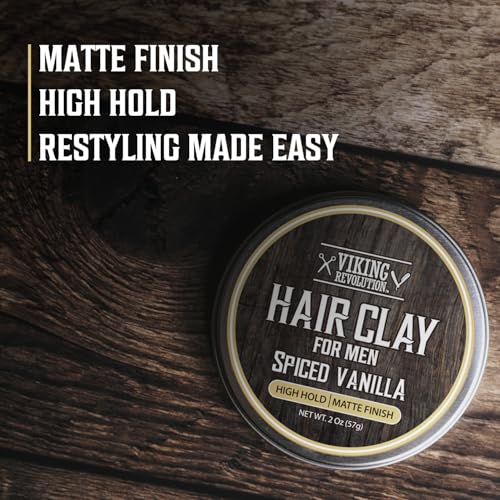 Image of Viking Revolution Spiced Vanilla Hair Clay for Men - Matte Finish, Texturizing Clay Pomade for Men with Jojoba Oil and Vitamin E - Effortless Hair Styling Cream - Strong Hold, Natural Finish (2 oz)