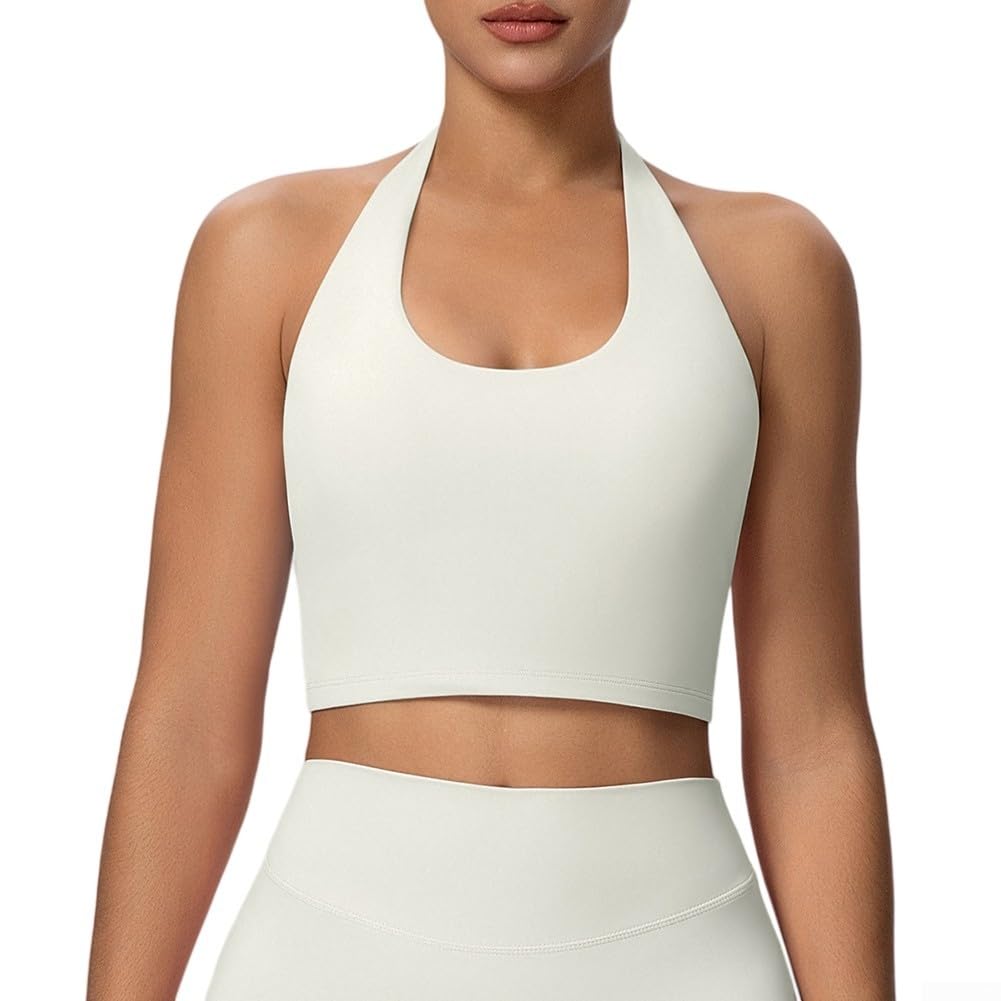 Women's Halter Neck Sports Bra Shockproof Yoga Fitness Vest High Support Workout Top for Running Gym Daily Wear Pure Color Regular Length(S Ivory White)