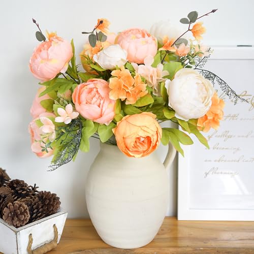 Image of FiveSeasonStuff Garden-Style Ivory, Peach, Orange & Greenery Accents Artificial Peony Bouquet, Two Faux Silk Flower Bundles with Hydrangeas
