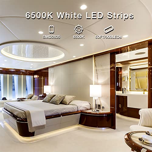 Image of DAYBETTER White LED Strip Lights, 50 ft Dimmable 6500K Bright White Strip Lighting, 900 LEDs Tape LED Lights for Bedroom, Mirror, Kitchen, Home Decoration(2 Rolls of 25 ft)