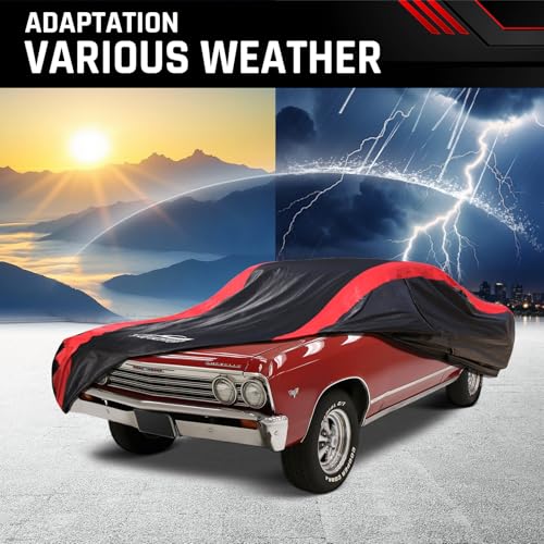 Image of Car Cover Custom Fit for Chevy Chevelle & Chevelle Malibu 1964-1972 | 2-Door /4-Door, Red Strip Design, Cotton Liner for Paint Protection, Rain Snow UV Proof, Door Zipper, Windproof, Storage Bag