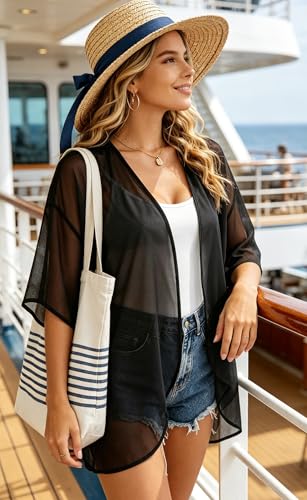 Image of FINOCEANS Womens Floral Chiffon Kimono Cardigans Loose Beach Cover Up Half Sleeve Tops