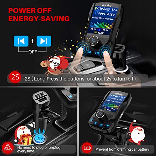 VicTsing 1.8" Color Display Bluetooth FM Transmitter for Car, Wireless Bluetooth Car Adapter with EQ Mode, Power Off, 3 USB Ports, 4 Music Playing, Hands-Free Calls, AUX Input