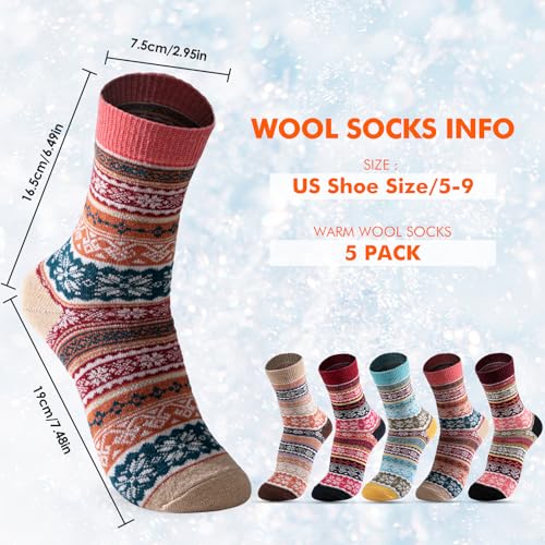 Image of Wool Socks for Women Men, Winter Warm Knit Crew Boot Socks 5 Pairs