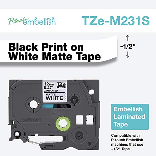 Image of Brother P-Touch Embellish Black Print on Matte White Tape TZEM231S - ~ inch Wide x 13.1' Long for use with P-Touch Embellish Ribbon & Tape Printer, TZE-M231S (Pack of 2)