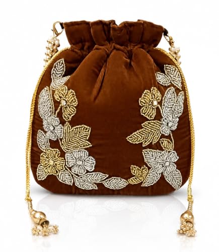 Image of Velvet Potli Bag with Golden & Silver Beaded Flower Embroidery - Handcrafted Ethnic Drawstring Bag for Weddings, Parties & Festive Gifts - Beaded Handle & Tassels for Women