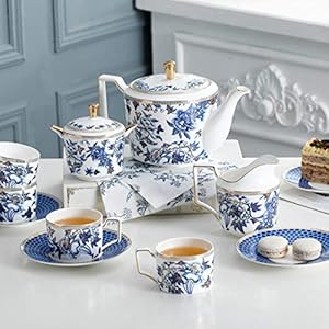 11 Pieces White and Blue Retro Vintage British Porcelain Tea Sets Wedding Tea Service for Adults Ceramic Coffee Set Tea Cup and Saucers with Coffee Spoon