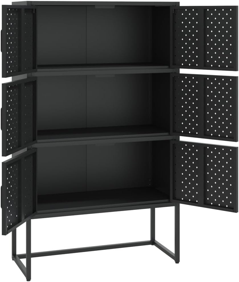 Black Steel Highboard Storage Cabinet Rectangular Medium Size Vertical Locker with Adjustable Feet for Living Room Home Storage Cupboard and Office Use