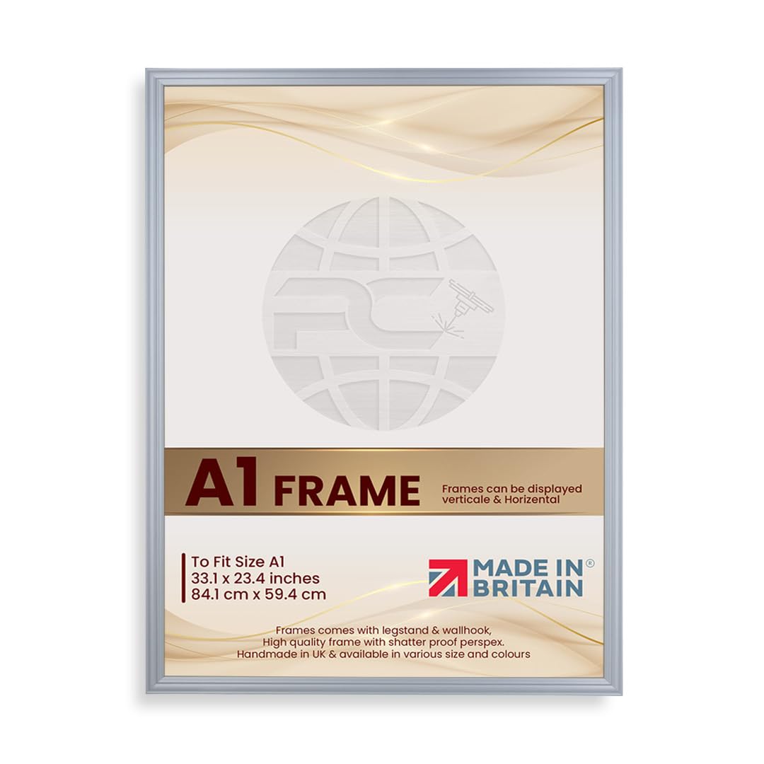 Procut Global Picture Frames A1 Silver - Classic A1 Frames With Safe Perspex Front & Wall Hanging Hooks - Premium Synthetic Wood - Handmade Frames โ image 1