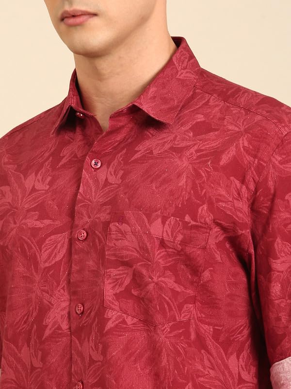 Image of Cavallo by Linen Club Men's Blended Linen Red Printed Contemporary Fit Full Sleeve Casual Shirt