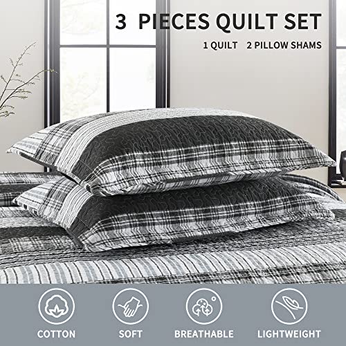 Image of Homzard Quilts Queen Size - Black and White Queen Comforter Set, 100% Cotton Black Grey Striped Bedding Set, Lightweight Reversible Bedspread Set, 3 Piece All Season