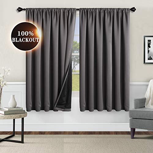 WONTEX 100% Grey Blackout Curtains for Bedroom 52 x 63 inch Length