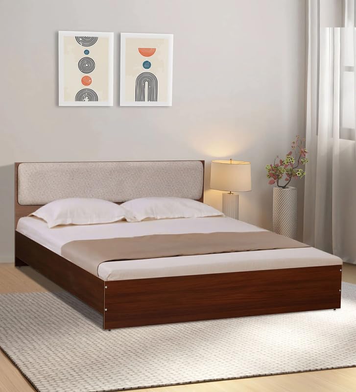 Image of Mintwud Pepperfry Solid Engineered Wood Kawasaki King Size Bed with Upholstered Headboard | Wooden Palang Without Storage | Ideal Furniture for Living Room, Bedroom, Hotel (Planked Walnut Finish)