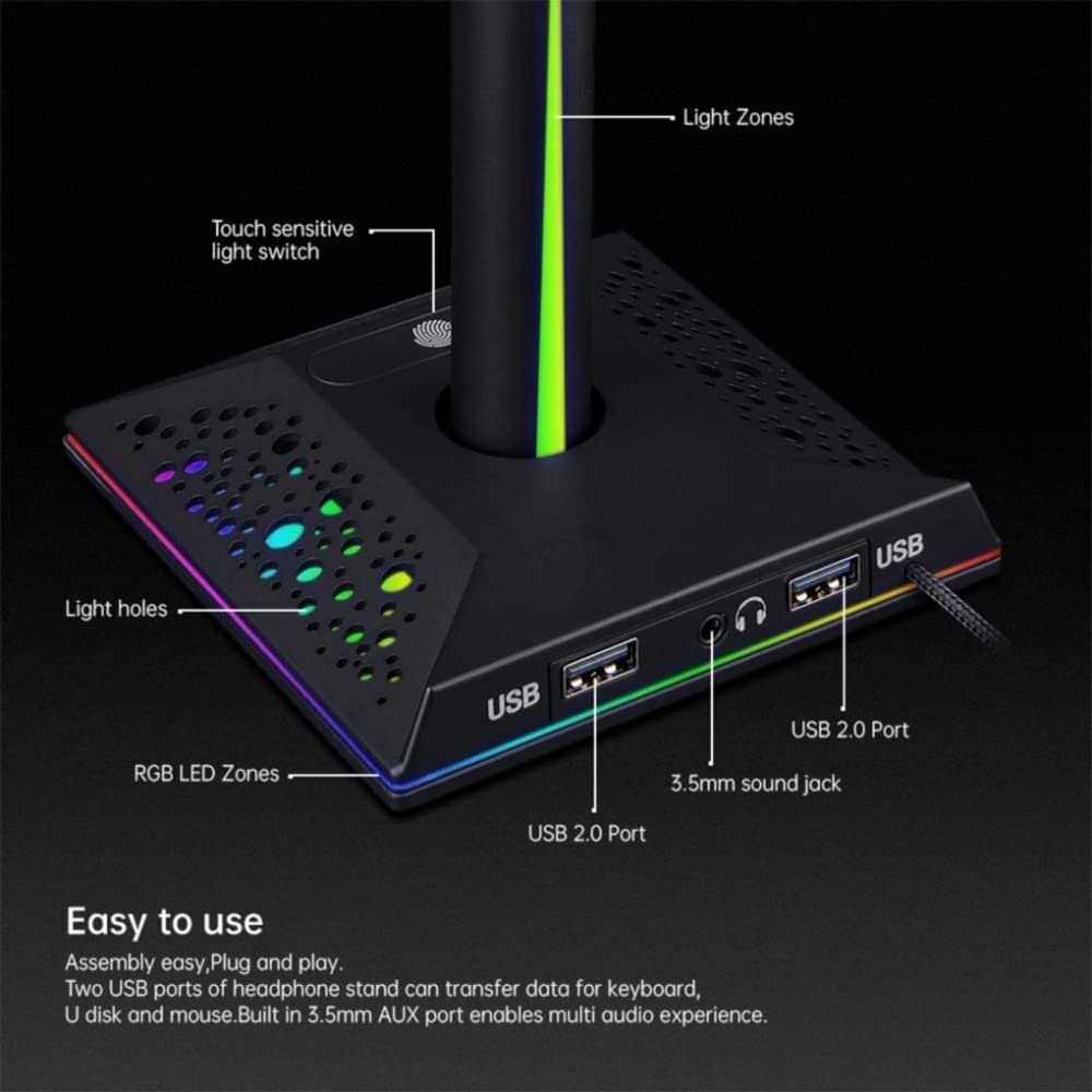 Gaming Accessori Supporto per Cuffie RGB Gamer Supporto per Cuffie Antiscivolo da Tavolo da Ufficio con Doppio Caricatore USB 2 Stand Over-Ear da Gioco(Pink)