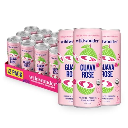 wildwonder Sparkling Probiotic Juice Drink w/Gut Health Immunity, Digestion Support, 5g Fiber, Live Probiotics, Caffeine Free, Organic, Vegan, Low Sugar, 12pk 12oz, Guava Rose, As Seen on Shark Tank