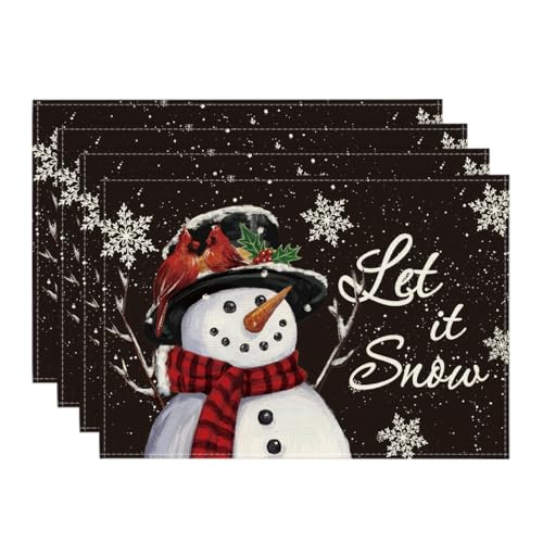 Artoid Mode Black Snowman Let It Snow Winter Placemats Set of 4, 12x18 Inch Christmas Table Mats for Party Kitchen Dining Decoration