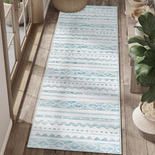 JINCHAN Runner Rug 60x180 cm Hallway Boho Kitchen Rug Moroccan Floor Cover Bathroom Rug Geometric Bohemian Blue Foldable Thin Rug Dimond Non Slip Carpet for Living Room Bedroom Dining Room