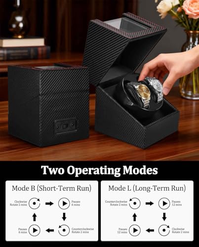 GLOKUUCA Watch Winder for Automatic Watches,Automatic Watch Winder Box with 2 Slots,Double Watch Winder with Quiet Japanese Motor,Gift for Father\'s Day (Black Carbon Fiber Leather) - Thumbnail 5