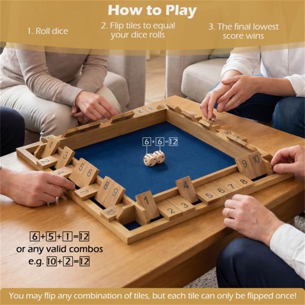 24" Large Shut the Box Game Wooden - Natural Pine Wood Dice Board Game for 2-4 Players, 10 Number Tiles 2 Dice, Family Party Math Game with Felt Lining, Educational Kids Adults Game Night