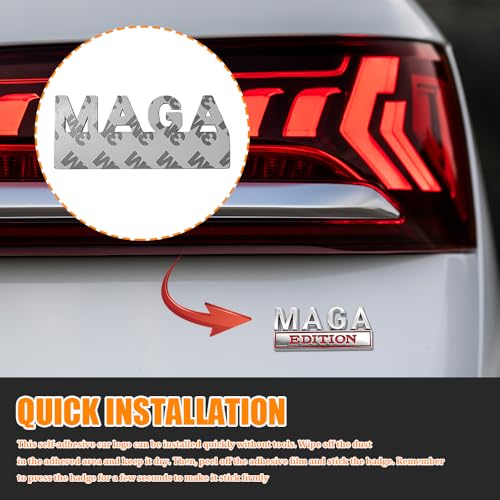 Image of MAGA Edition Car Emblem, Car Decals, 3D Raised Letter Metal Fender Badge Stickers, Auto Exterior Decoration Strong Adhesive Tailgate Trunk Stickers Fit for Vehicle Truck SUV (Silver & Red)