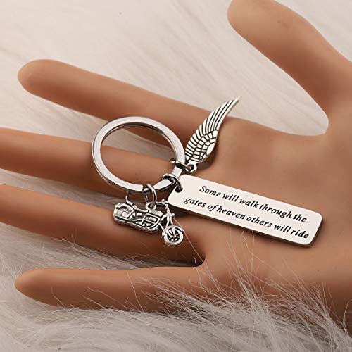 Image of CENWA Motorcycle Memorial Jewelry Memorial for Brother Dad Husband Sympathy Gift Some Will Walk Through The Gate Keychain