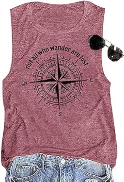 AMAZON - Women Tank Tops Compass Graphic Shirt Active Travel Not All Who Wander are Lost Casual Tees Tops(Red01 XL)