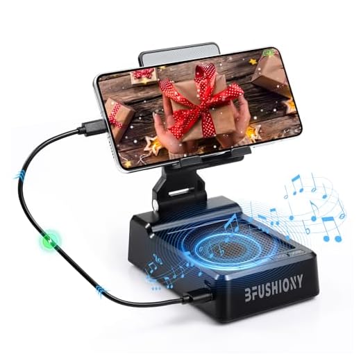 BFUSHIONY Cell Phone Stand with Bluetooth Speaker, Phone Holder with Charger (5000mAh), HD Surround Sound for Desk, for Men, Stocking Stuffers White Elephant Gifts for Adults