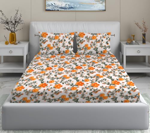 Image of DECORUM 300TC Glace Cotton Elastic Fitted King Size Bedsheet (72''X78'') with 2 Pillow Covers | Soft & Comfortable Cotton Feel | Fits Upto 8'' Mattress | Orange Blossom Garden