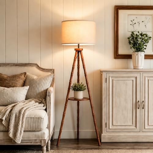 Image of LAMSU Solid Wood Tripod Floor Lamp with Shelf, Mid Century Bobbin Standing Lamp with Fabric Shade and Foot Switch, Retro Farmhouse Tall Corner Lamps for Living Room Bedroom Office Reading, Brown