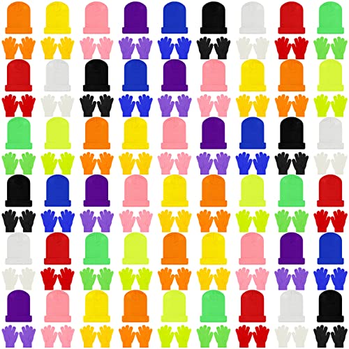 Image of Xtinmee 100 Pcs Kids Winter Beanie and Gloves Bulk Warm Knit Hat Stretchy Full Fingers Gloves Pack Unisex Cold Weather Set