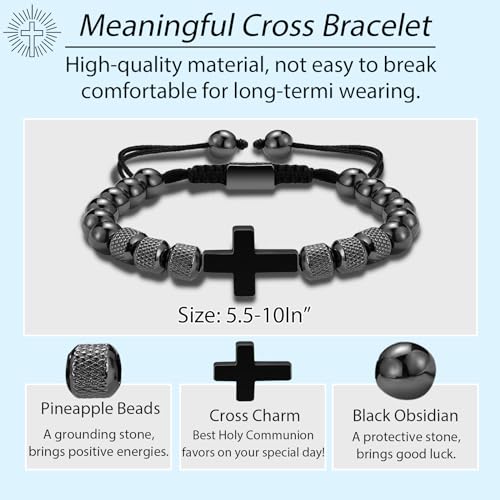 Image of Cross Bracelet for Boys Teens, Adjustable Obsidian Beads Bracelets Christian Religious Jewelry Gifts for Teen Teenage Boys