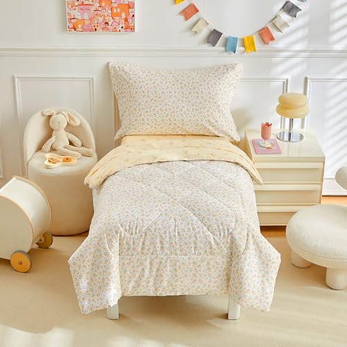 Image of DuShow 4 Piece Cotton Toddler Bedding Set for Girls,Pink Toddler Comforter Set Bed in a Bag,Reversible Floral Crib Bed Sheets Set Include Comforter,Flat Sheet,Fitted Sheet,Pillowcase