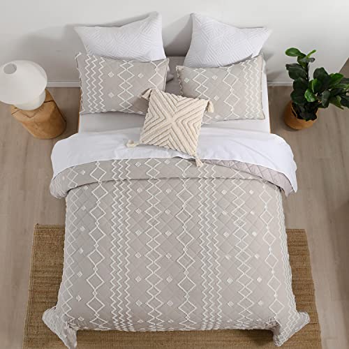 Horimote Home Tufted Quilt Set Queen Size, Beige Boho Bedding Set With Geometric Diamond Pattern, 3 Pieces Textured Bedspread&Coverlet For All Seasons #TOP1
